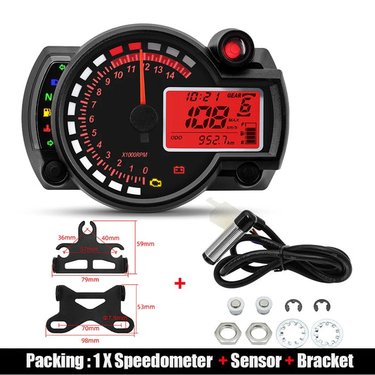 Motorcycle Universal Digital Tachometer 12V Speed Meter with Security Alarm N Gear LED LCD Water Temperature Gauge W Bracket