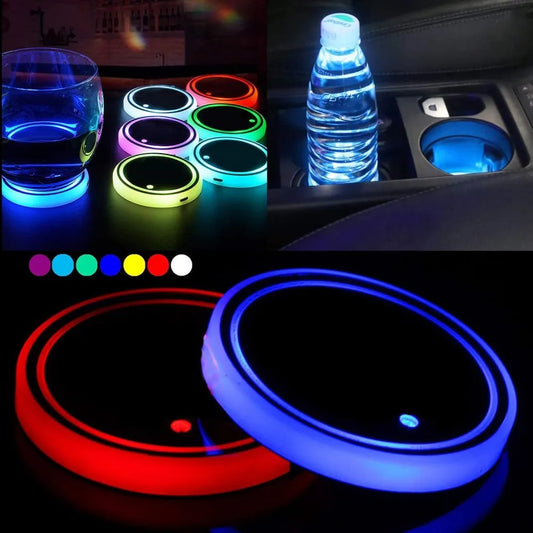 2PCS LED Cup Holder Lights for Car,Rechargeable 7 Color-Changing Light Up Cup Holder Insert Coasters,Car Decor Accessories